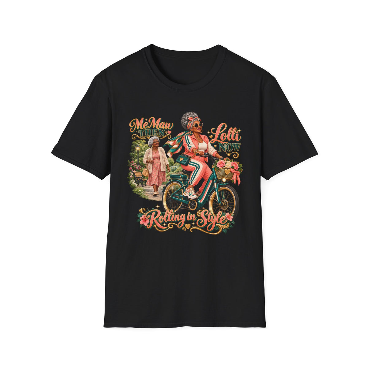 MeMaw to Lolli | Rolling in Style African American Grandma Glow-Up Graphic Tee