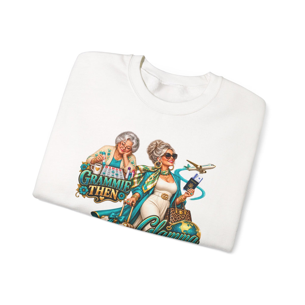 Grammie to Glamma | Jet-Setting Grandma Crewneck Sweatshirt – Grandma Glow-Up Collection