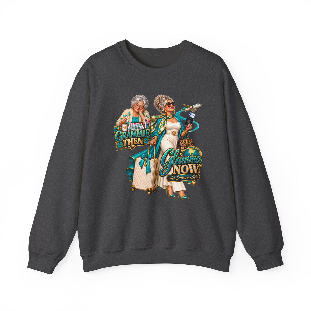 Grammie to Glamma | Jet-Setting Grandma Crewneck Sweatshirt – Grandma Glow-Up Collection