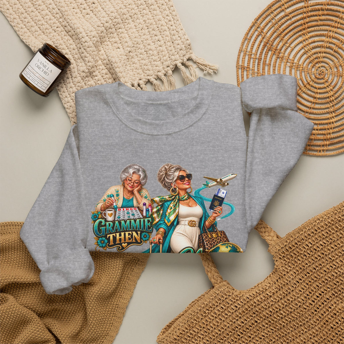 Grammie to Glamma | Jet-Setting Grandma Crewneck Sweatshirt – Grandma Glow-Up Collection