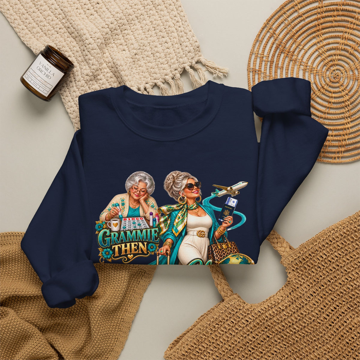 Grammie to Glamma | Jet-Setting Grandma Crewneck Sweatshirt – Grandma Glow-Up Collection