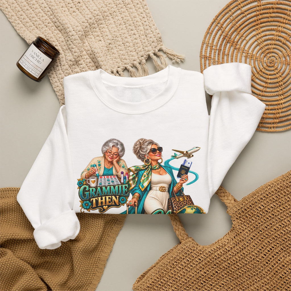 Grammie to Glamma | Jet-Setting Grandma Crewneck Sweatshirt – Grandma Glow-Up Collection