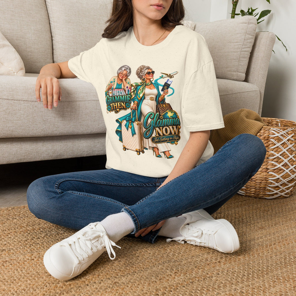 Grammie to Glamma | Jet-Setting Grandma Graphic Tee – Grandma Glow-Up Collection