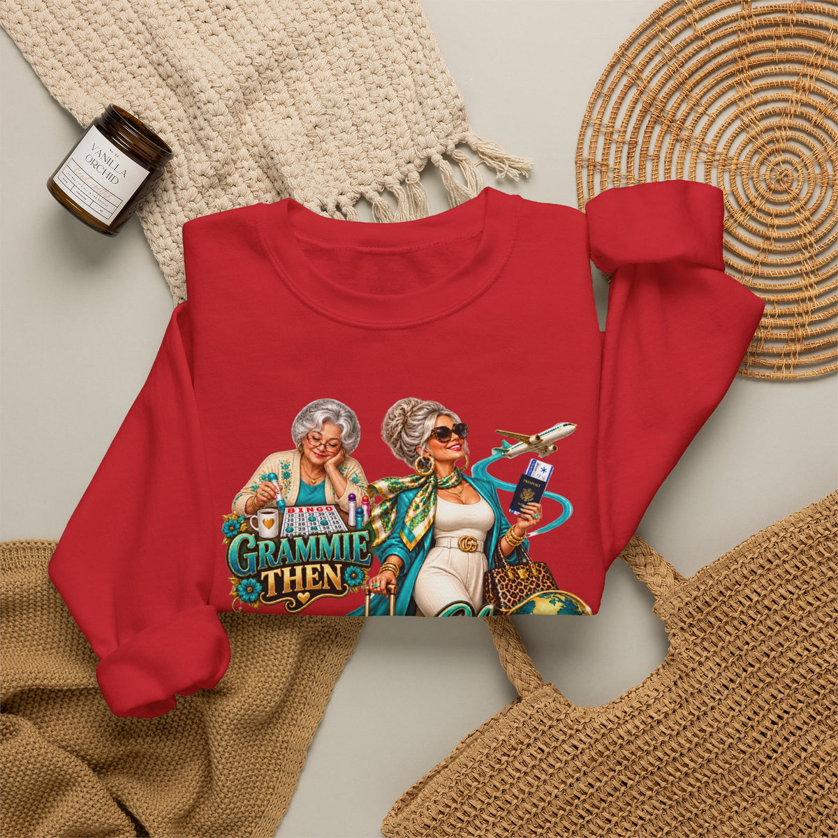 Grammie to Glamma | Jet-Setting Grandma Crewneck Sweatshirt – Grandma Glow-Up Collection