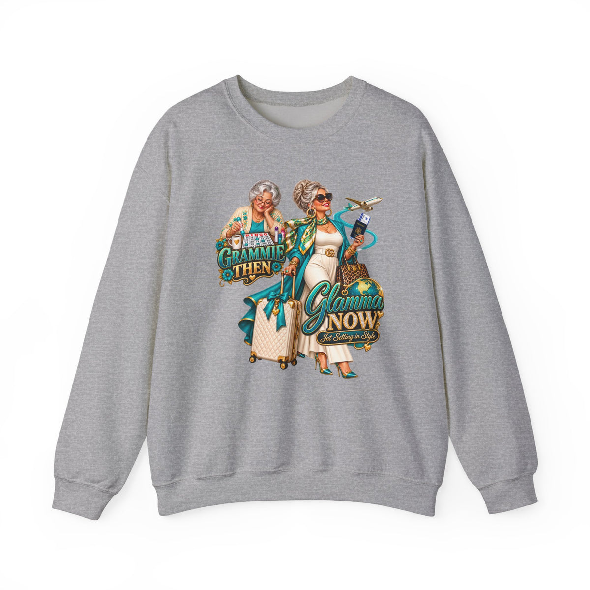 Grammie to Glamma | Jet-Setting Grandma Crewneck Sweatshirt – Grandma Glow-Up Collection