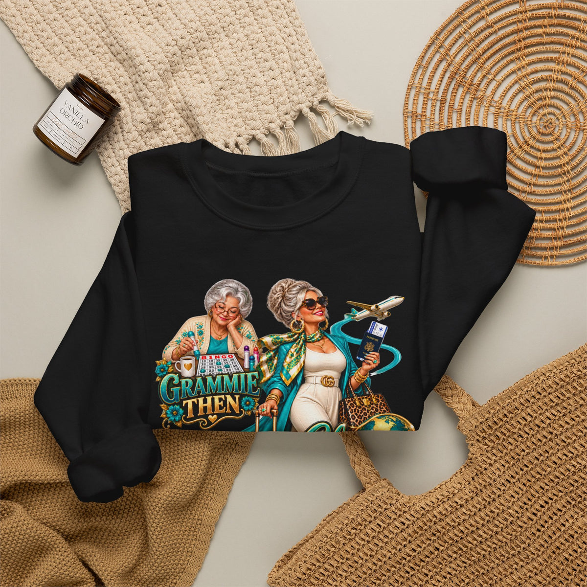 Grammie to Glamma | Jet-Setting Grandma Crewneck Sweatshirt – Grandma Glow-Up Collection