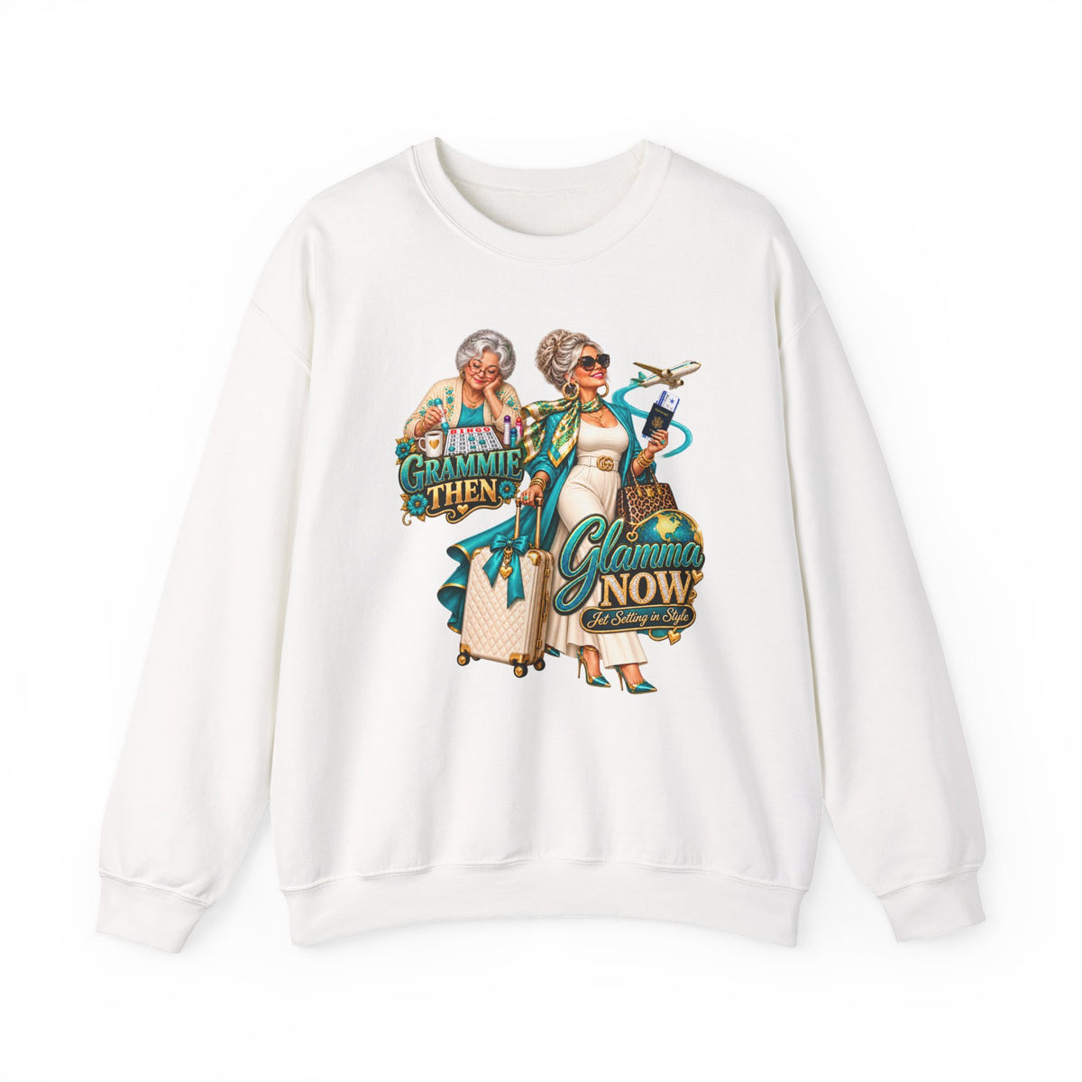 Grammie to Glamma | Jet-Setting Grandma Crewneck Sweatshirt – Grandma Glow-Up Collection