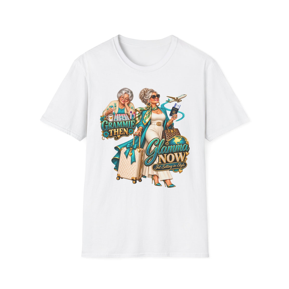 Grammie to Glamma | Jet-Setting Grandma Graphic Tee – Grandma Glow-Up Collection