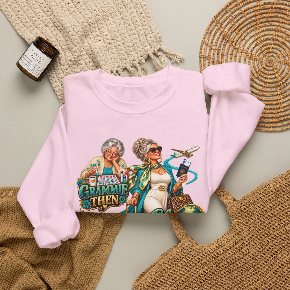 Grammie to Glamma | Jet-Setting Grandma Crewneck Sweatshirt – Grandma Glow-Up Collection