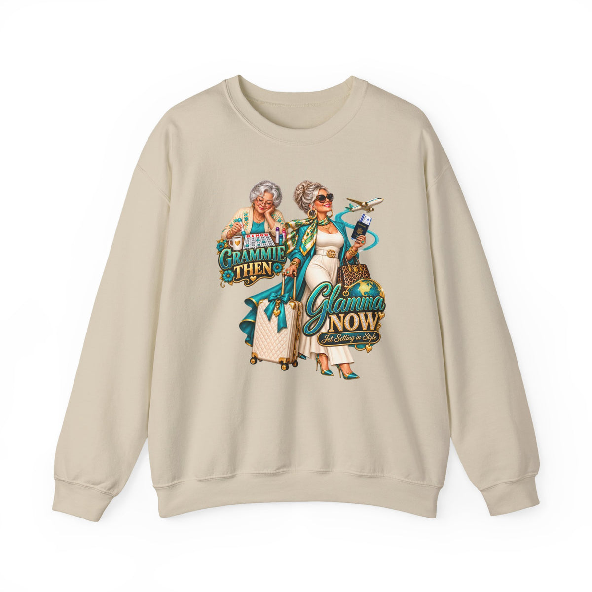 Grammie to Glamma | Jet-Setting Grandma Crewneck Sweatshirt – Grandma Glow-Up Collection