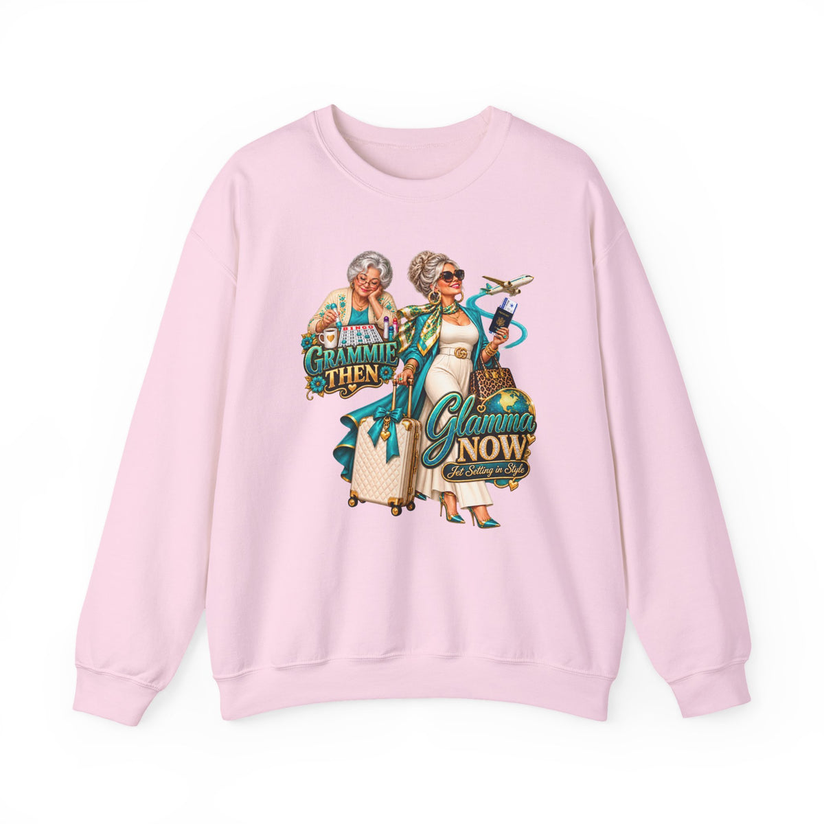 Grammie to Glamma | Jet-Setting Grandma Crewneck Sweatshirt – Grandma Glow-Up Collection